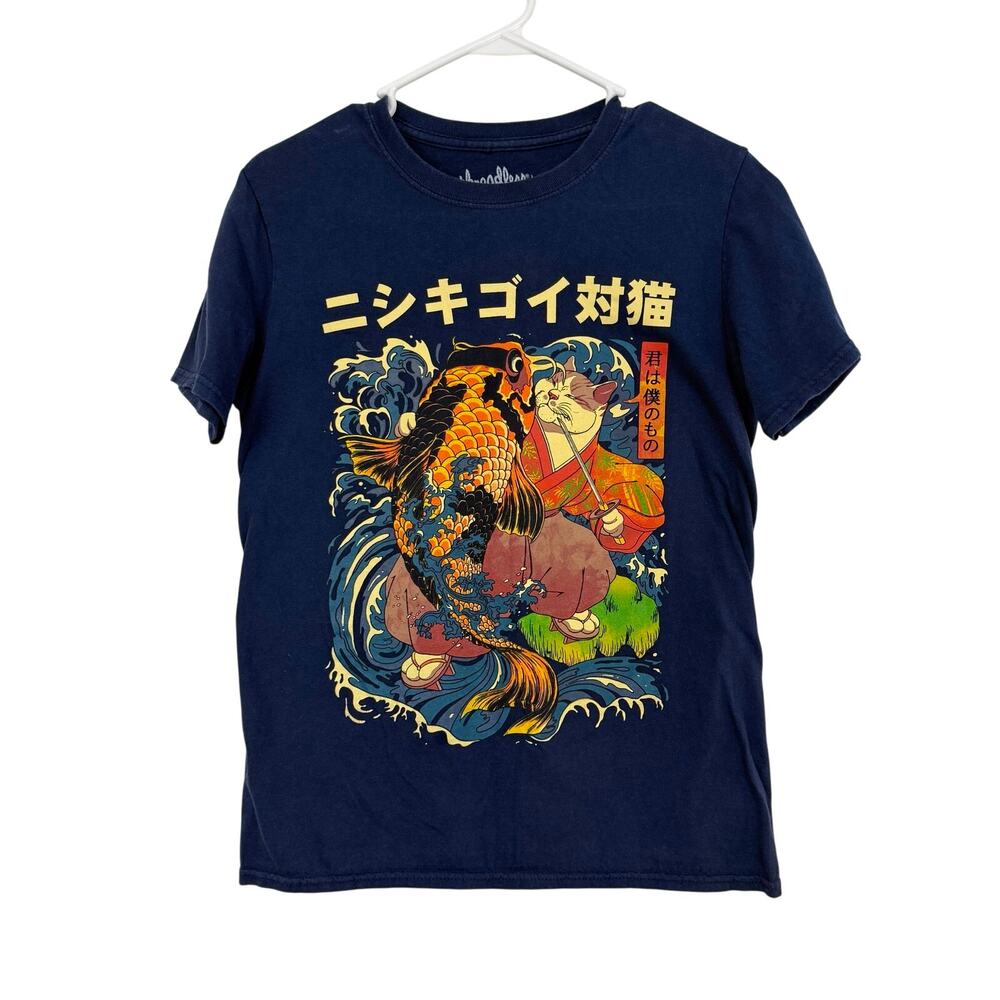 Threadless Navy Cat and Koi Asian Inspired Graphic Print Short Sleeve T Shirt